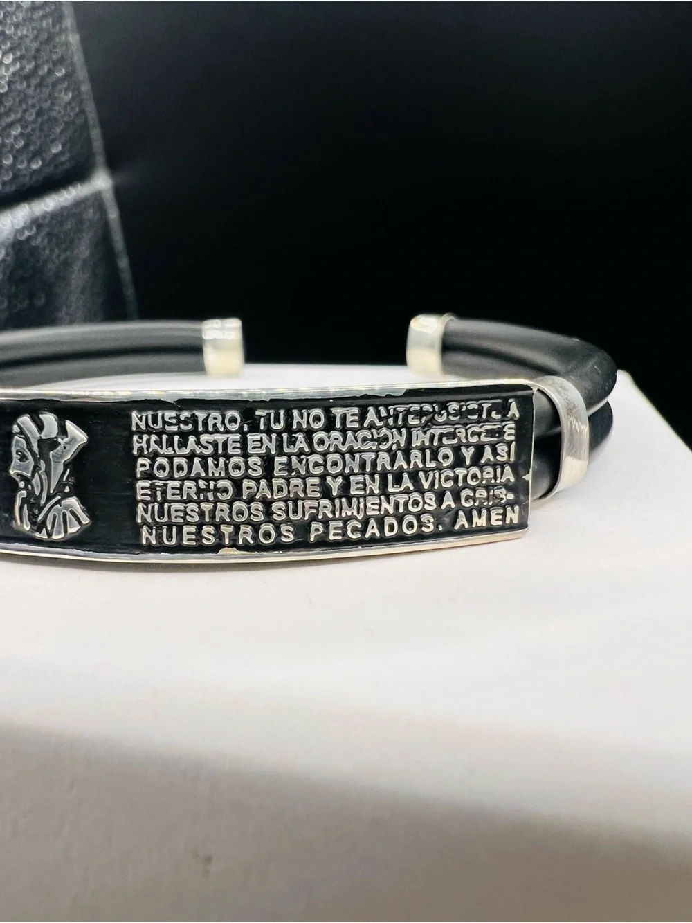 Black rubber and Sterling Silver Saint Benedict Prayer Cuff Bracelet